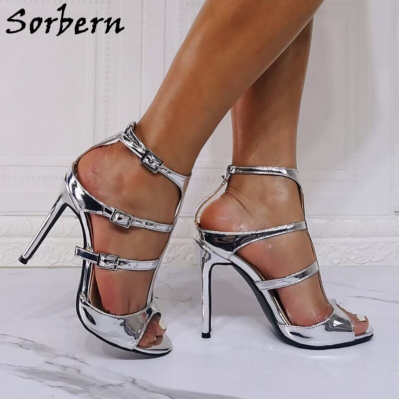 Sorbern Silver Metallic Women Sandal High Heel T-Strap Ladies Stilettos Summer Style Open Toe Sandalias Mujer 2021 Custom Color