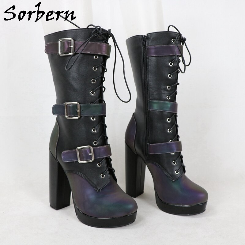 Sorbern Reflective Boots Block High Heel Women Boots Platform Shoes Customized Unisex Booties Size 42 Chunky Heels