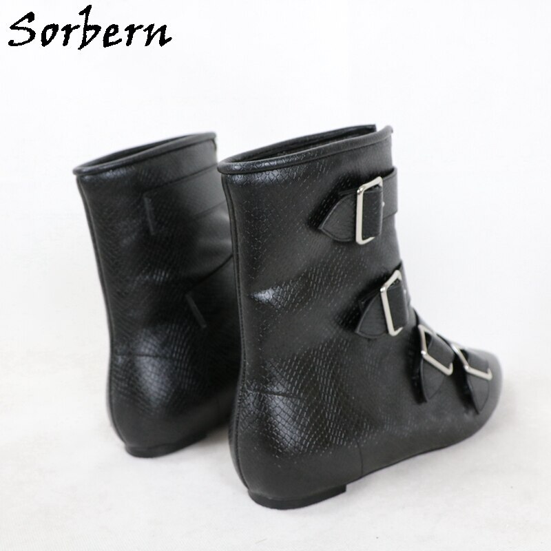 Sorbern Black Embossed Snake Boots Ankle High Baroque Style  Flat Heels Flat Pointed Toe Buckles Strap Customized Order