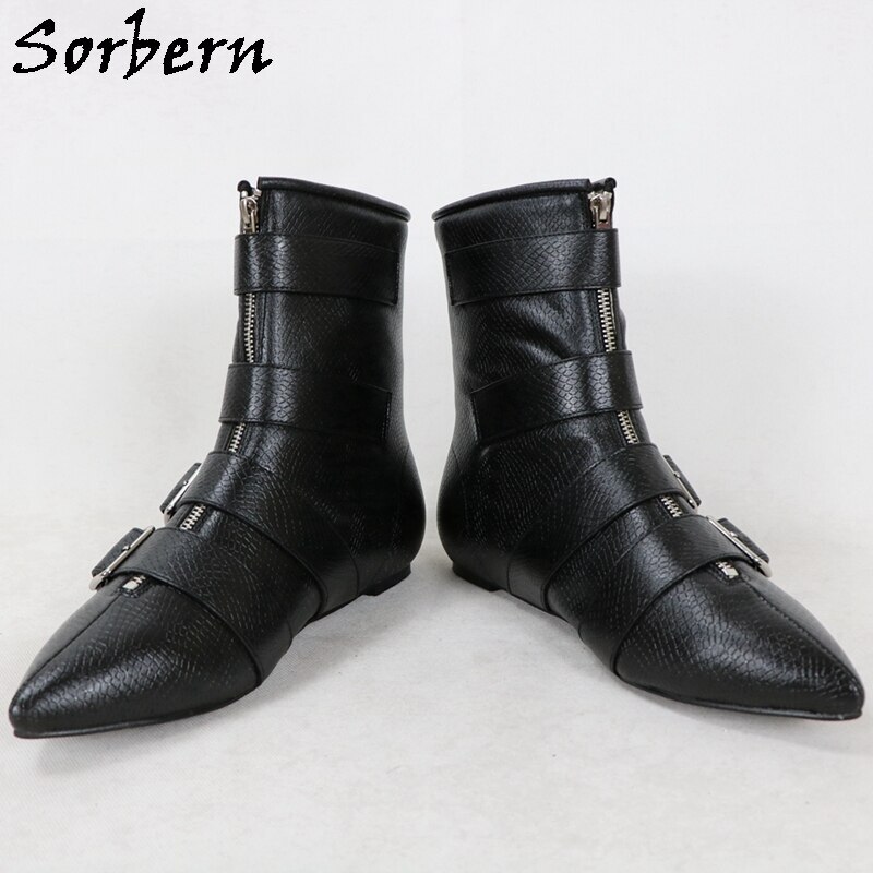 Sorbern Black Matt Boots Ankle High  Flat Heels Flat Pointed Toe Buckles Strap