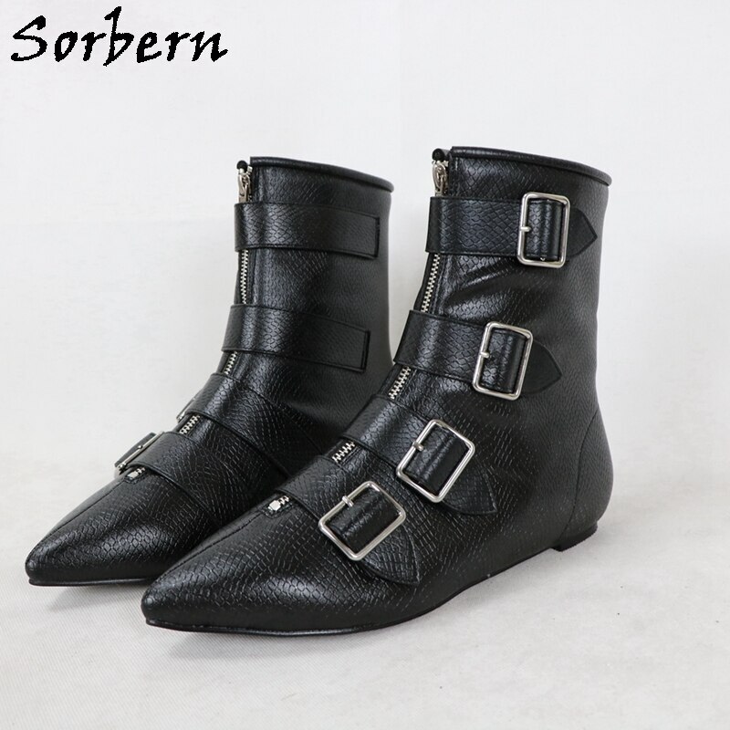 Sorbern Black Matt Boots Ankle High  Flat Heels Flat Pointed Toe Buckles Strap