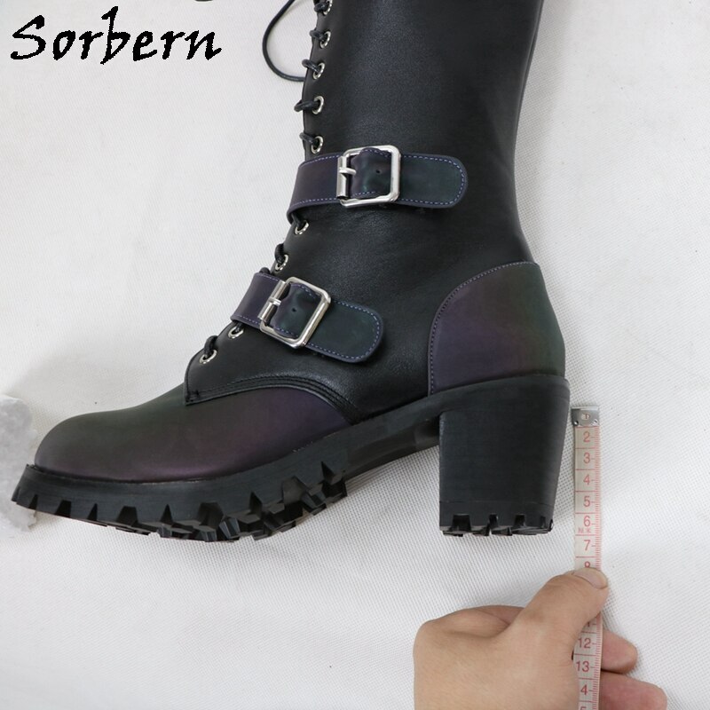 Sorbern Reflective Boots Women Hoof Heels Rubber Sole Punk Style Boots Unisex Big Size Mid Calf High Western Boots Customized