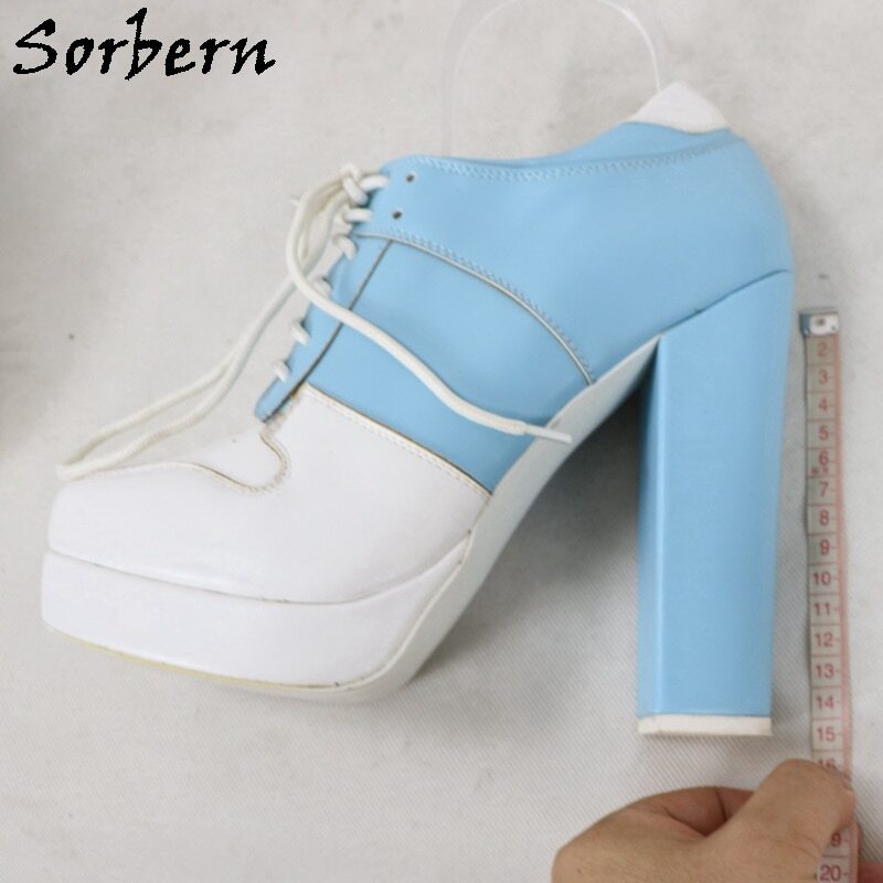 Sorbern Blue White Block Heel Boots Women Sneaker High Heel Platform Shoes Ankle Booties Ladies Lace Up Female Shoes Cusstom