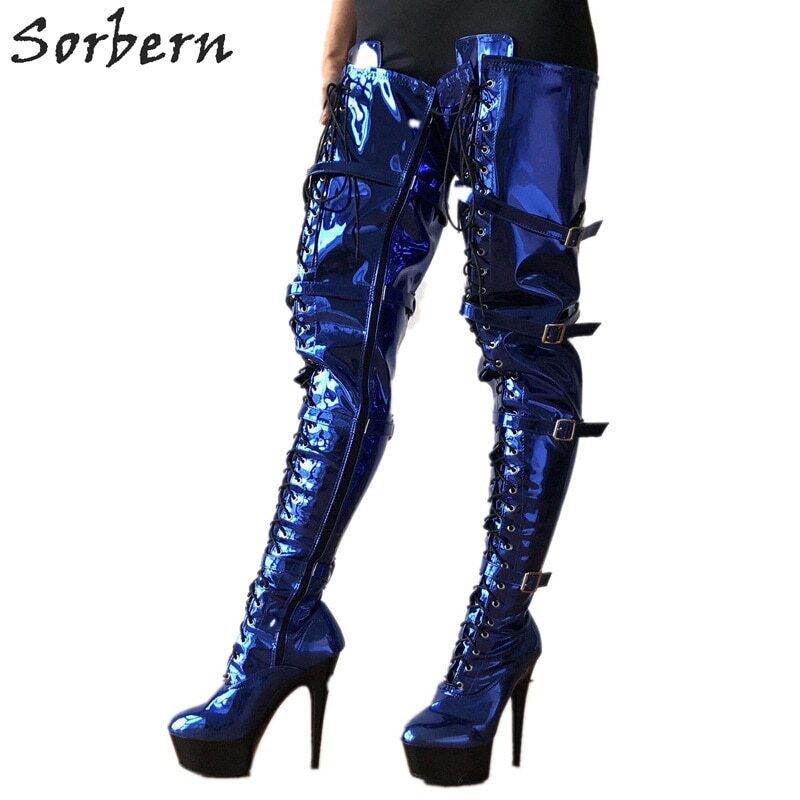 Sorbern Blue White Block Heel Boots Women Sneaker High Heel Platform Shoes Ankle Booties Ladies Lace Up Female Shoes Cusstom