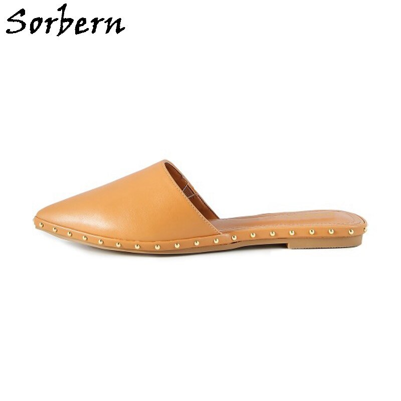 Sorbern Black Comfortable Flats Mules Studded Shoes Pointed Toe Slip On Home Slide Brown Champagne Shoe Ladies Multi Colors