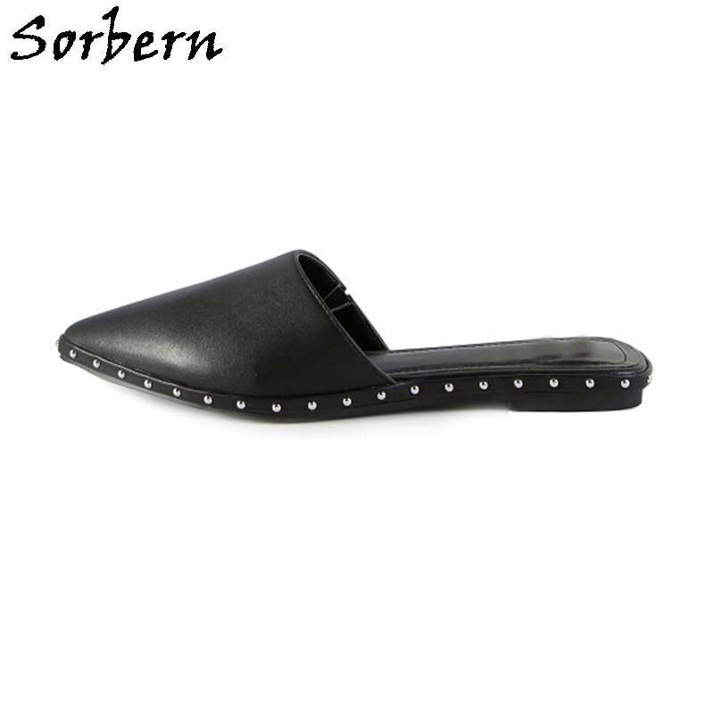 Sorbern Black Comfortable Flats Mules Studded Shoes Pointed Toe Slip On Home Slide Brown Champagne Shoe Ladies Multi Colors