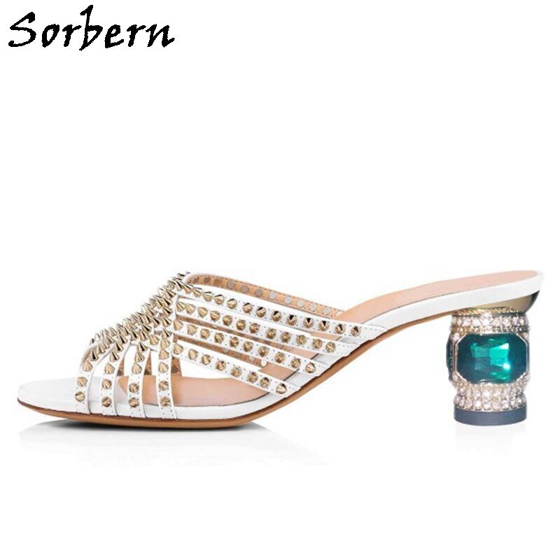 Sorbern elegant block kitten heel slippers studs sparkings green crystals chunky heeled slip on sandals slip on summer shoes