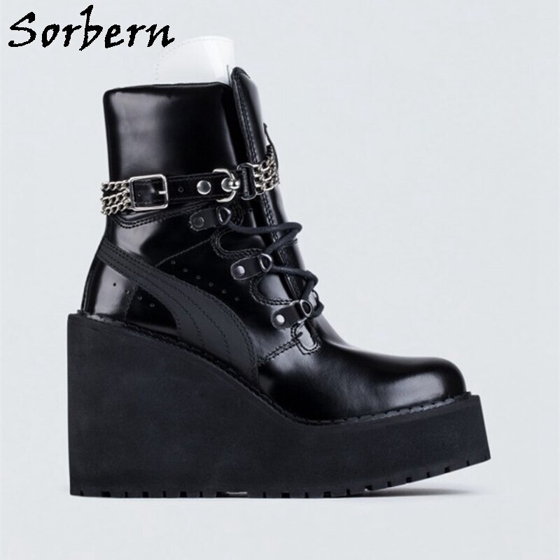 Sorbern Black Punk Style Boots Women Wedges Round Toe Chains Ankle Wrap Lady Platform Shoes Goth Winter Style Fetish Heeled