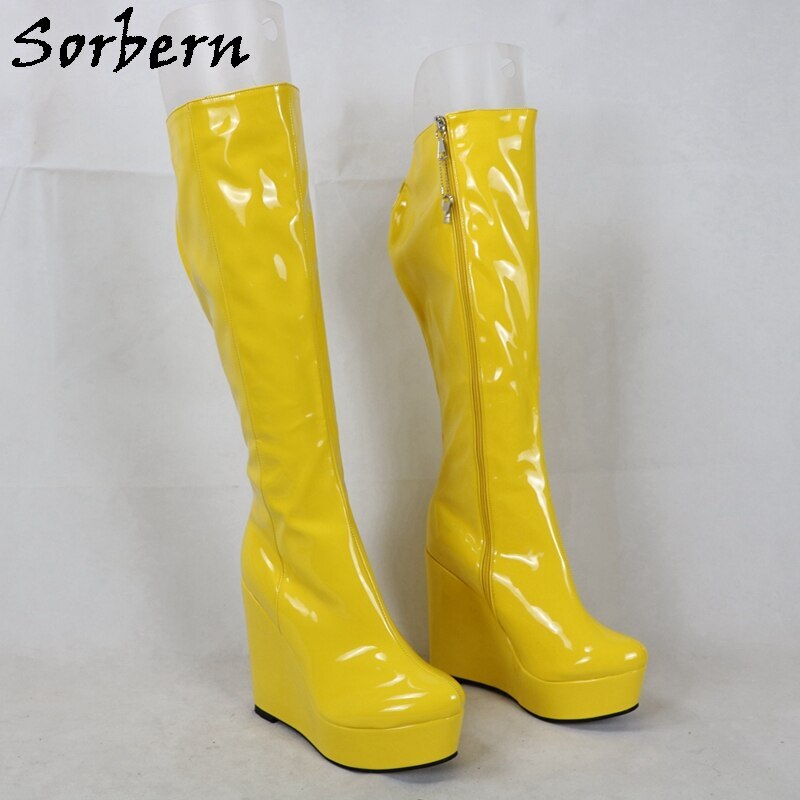 Sorbern Lockable Zipper Wedge Boots Women 10Cm High Heel Size 46 Platform Shoes Custom Wide Or Slim Fit Leg Shoes Knee High Boot