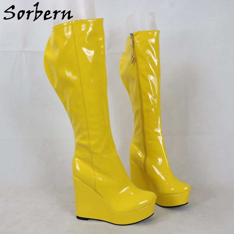 Sorbern Lockable Zipper Wedge Boots Women 10Cm High Heel Size 46 Platform Shoes Custom Wide Or Slim Fit Leg Shoes Knee High Boot