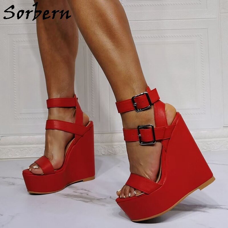 Sorbern Red Matt Women Sandal Wedges Thick Platform Comfortable Slingback New Rock Shoes Exotic Dancewear Stripper Size 43 Women