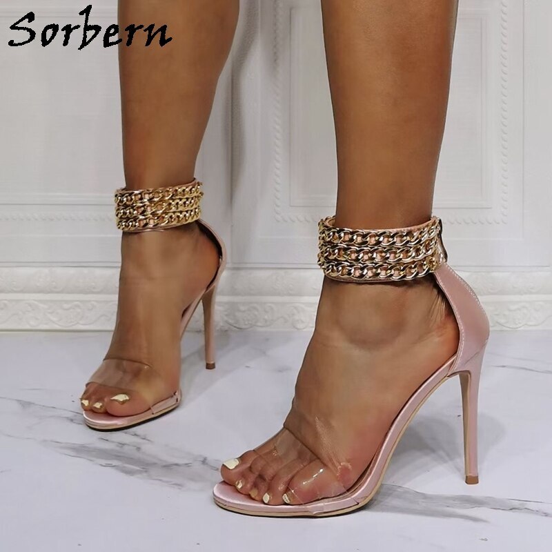 Sorbern Pearl Pink Satin Women Sandals Chain Ankle Strap Stilettos Wedding Shoe Pvc Clearn One-Strap Korean Fashion Multi Color