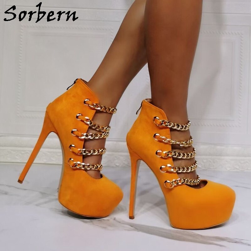 Sorbern Orange Pump Shoes With Gold Chians Punk Style Female Shoe High Heels Invisible Platform Party Footwear