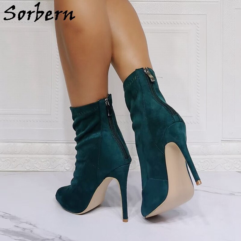 Sorbern Dark Green Ankle Boots For Women Open Toe High Heel Stilettos Back Zipper Female Shoes Elastic Cool Shoes