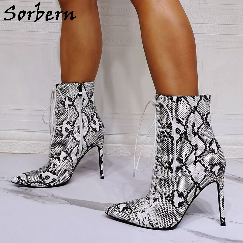 Sorbern Black White Snake Ankle Boots Lace Up Pointed Toe High Heels Size 12 Booties Lace Up Heels Sapatos Femininos