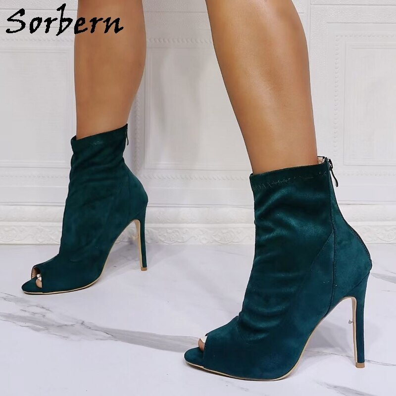 Sorbern Dark Green Ankle Boots For Women Open Toe High Heel Stilettos Back Zipper Female Shoes Elastic Cool Shoes