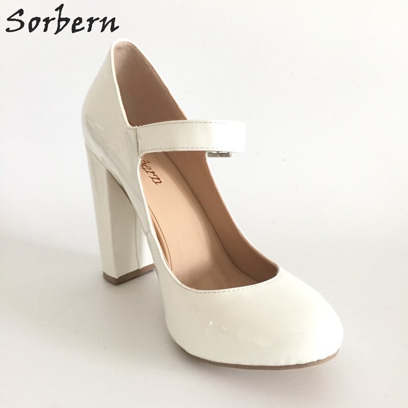 Sorbern Custom White Women Pump High Heels Round Toe Mary Janes Block High Heels Women For Ladies Size 33-48 Custom Service