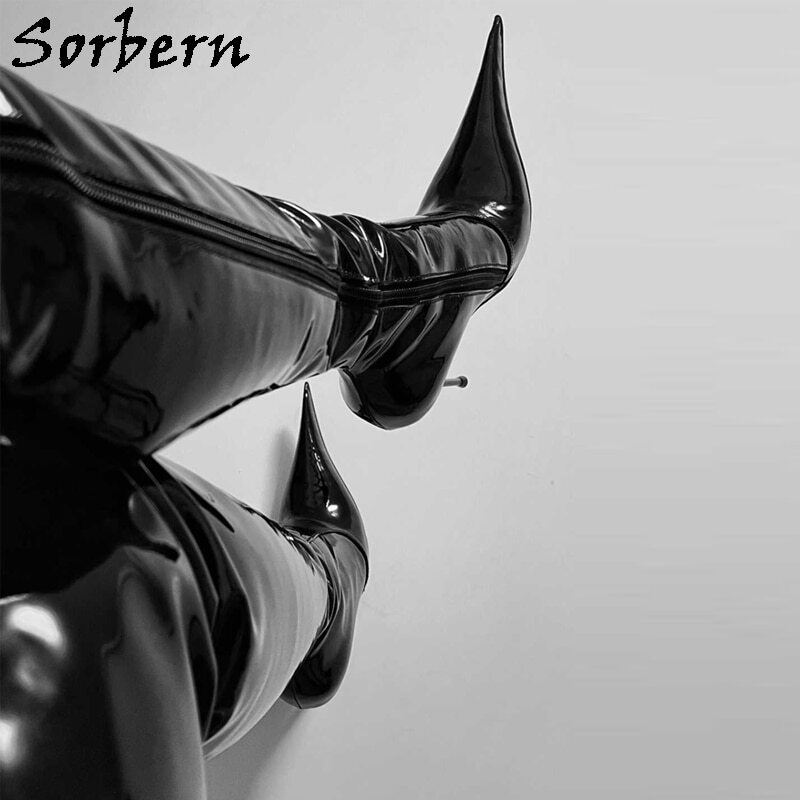 Sorbern Italy Pointy Toes Women Boots Mid Thigh High Sexy Female Boot Patent Shiny Zip Up Shoes Stilettos 12Cm 14Cm Heels