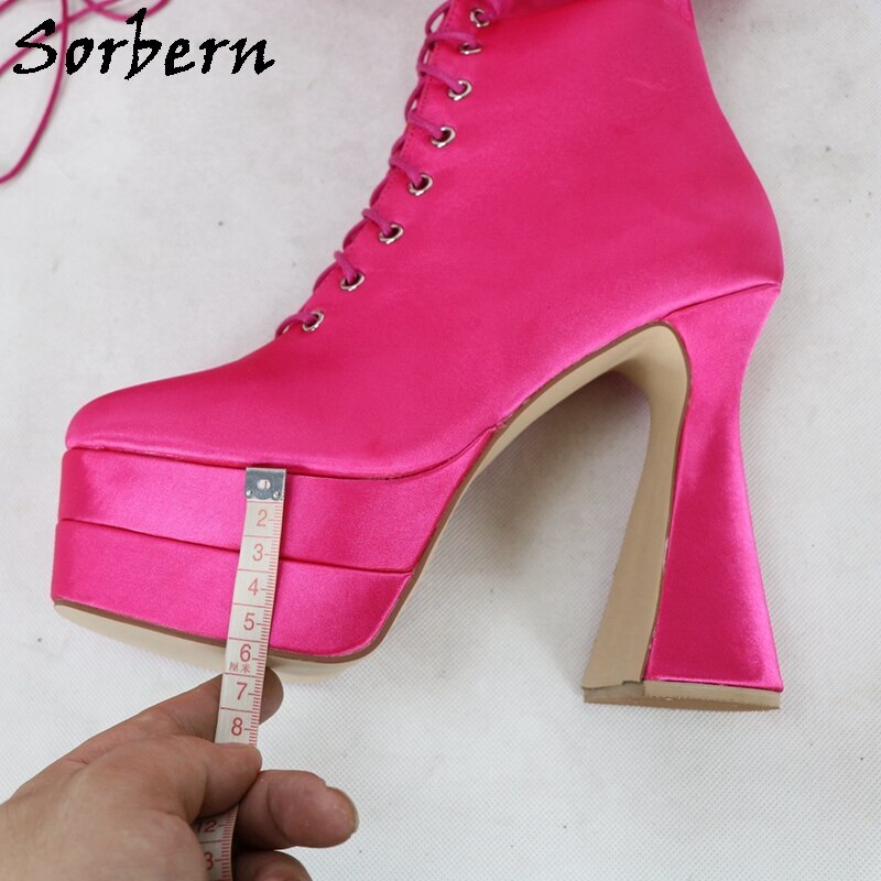 Sorbern Retro Satin Boots Women Long Royal Style Square Toes Platform Fetish Boot Mid Thigh High Display Shows Custom Colors