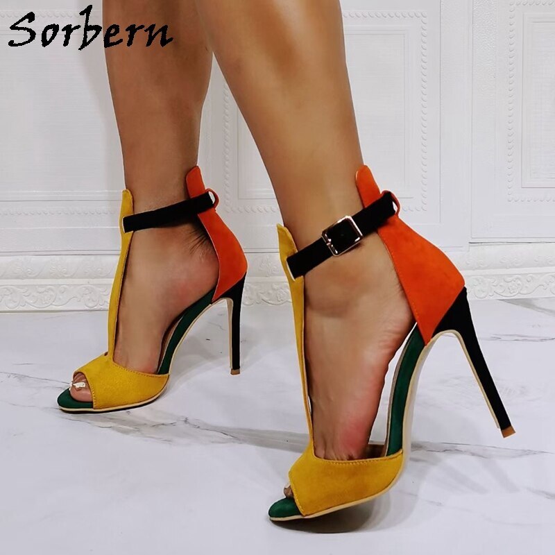 Sorbern Classical Women Sandals T-Strap Stilettos Party Heels Women Casual Shoes 2021 Shoes Size 5 Multi Colors