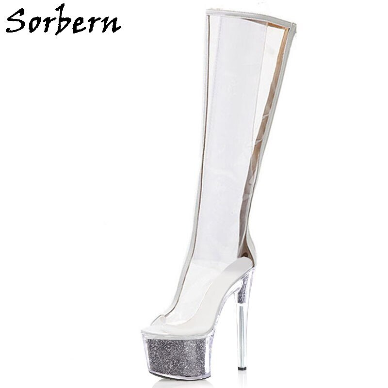 Sorben 17Cm Clear Boots Transparent PVC Open Toe Perspex Heels Summer Boots Custom Wide Or Slim Fit Legs Pole Dance