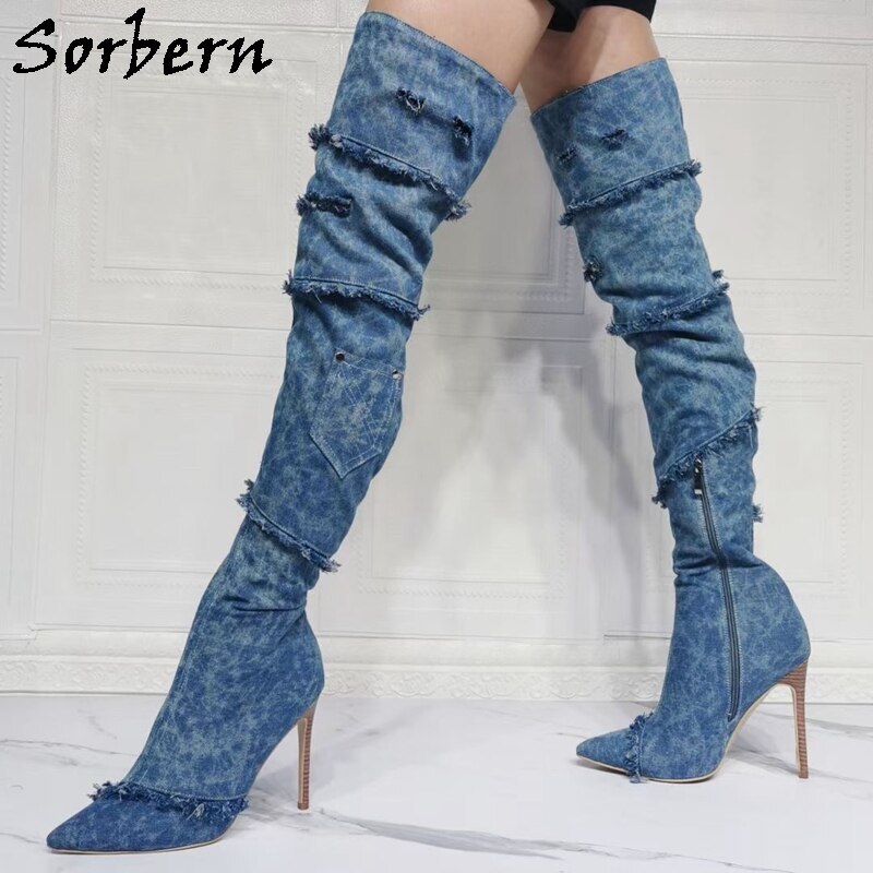 Sorbern Fashion Long Demin Boots Pointed Toe High Heel Stilettos Thigh High Heels Fetish Shoes 2021 Customized Wide Or Slim Calf