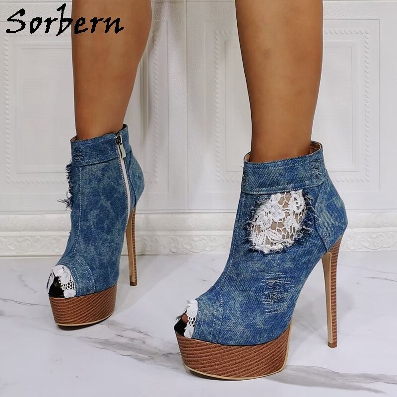 Sorbern Blue Jeans Ankle Boots Women Open Toe High Heel Stilettos Lady Shoes Lace Side Zipper Summer Style Shoes Female Custom