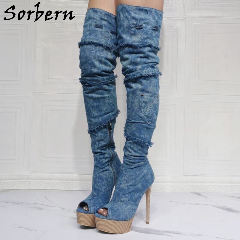 Sorbern Sexy Over The Knee Boots Ladies Demin Open Toe Ladies Shoes High Heel Stilettos Super Long Boot Customized Wide Fit Legs