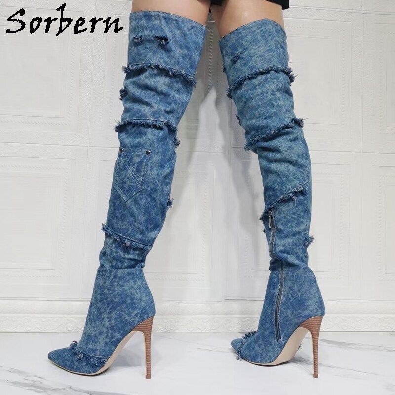 Sorbern Fashion Long Demin Boots Pointed Toe High Heel Stilettos Thigh High Heels Fetish Shoes 2021 Customized Wide Or Slim Calf
