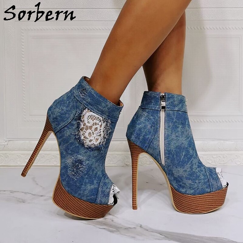 Sorbern Blue Jeans Ankle Boots Women Open Toe High Heel Stilettos Lady Shoes Lace Side Zipper Summer Style Shoes Female Custom