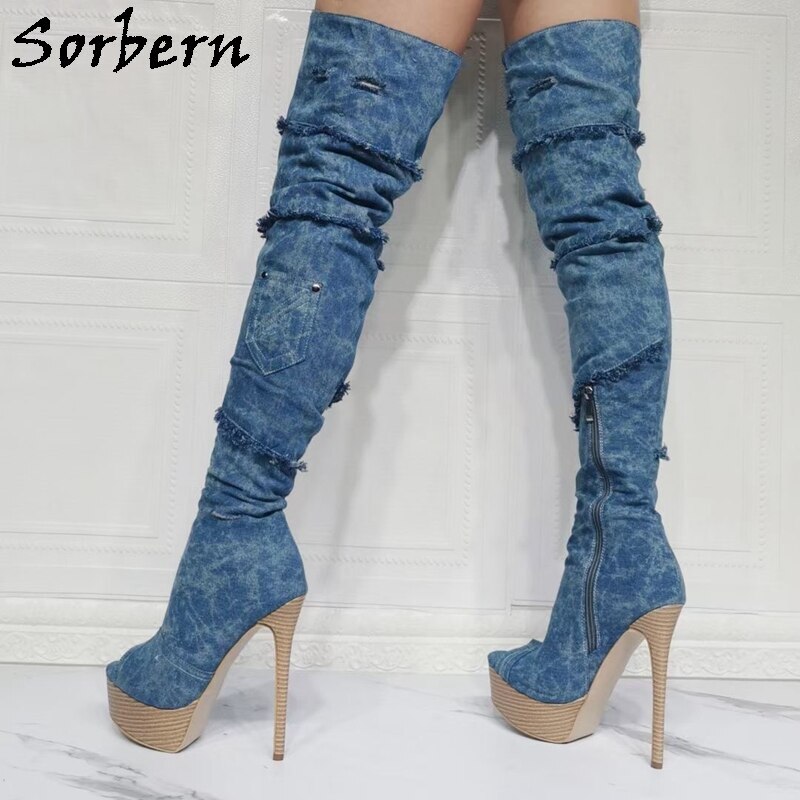 Sorbern Sexy Over The Knee Boots Ladies Demin Open Toe Ladies Shoes High Heel Stilettos Super Long Boot Customized Wide Fit Legs