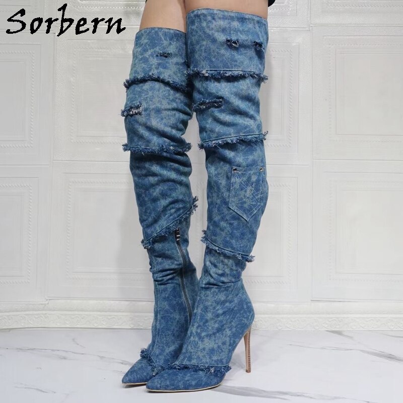 Sorbern Fashion Long Demin Boots Pointed Toe High Heel Stilettos Thigh High Heels Fetish Shoes 2021 Customized Wide Or Slim Calf