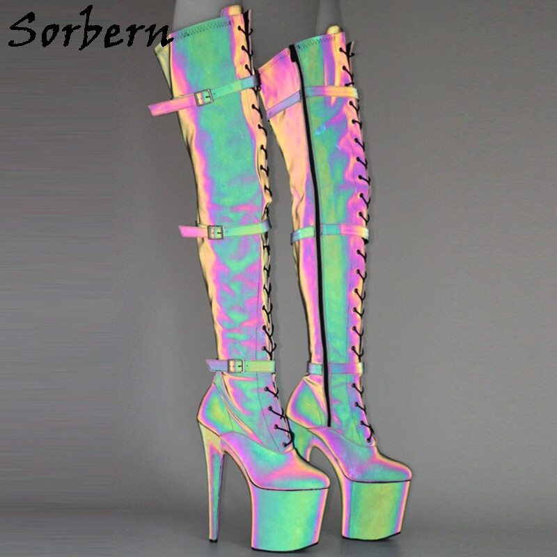 Sorbern Reflective Black Mid Thigh High Boots For Pole Dancer Stripper High Heels 8 Inch Customized Long Boot Unisex Shoes