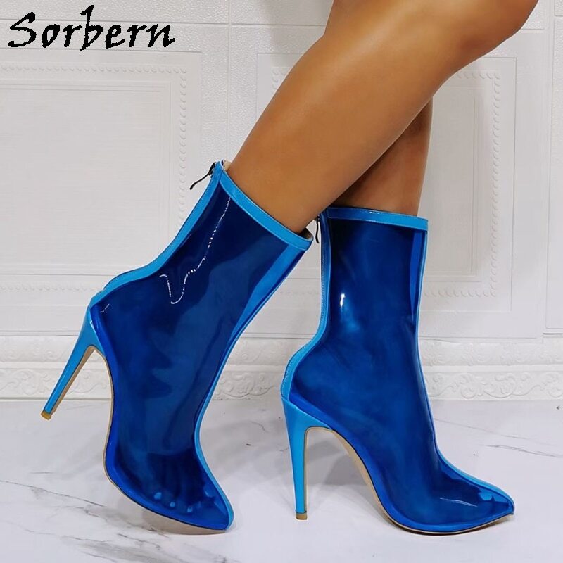 Sorbern Blue Transparent Boots Ankle High See Through Plastic Booties Pointed Toe Stilettos High Heel Custom Multi Colors