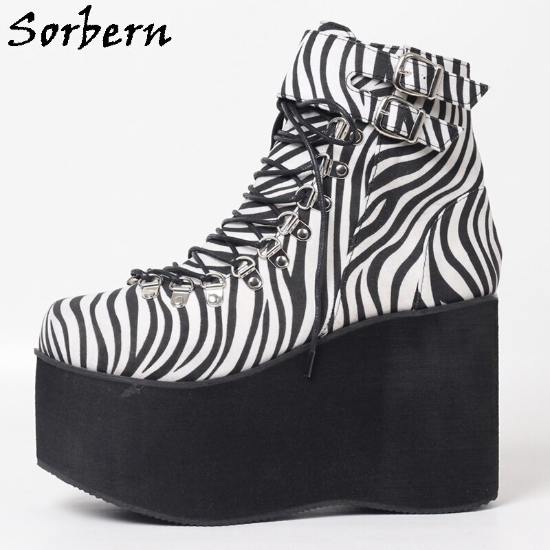 Sorbern Comfortable Lolita Style Boots Women Ankle High Wedges Thick Platform Shoes Lace Up Women Designer Boots Rockabilly Shoe