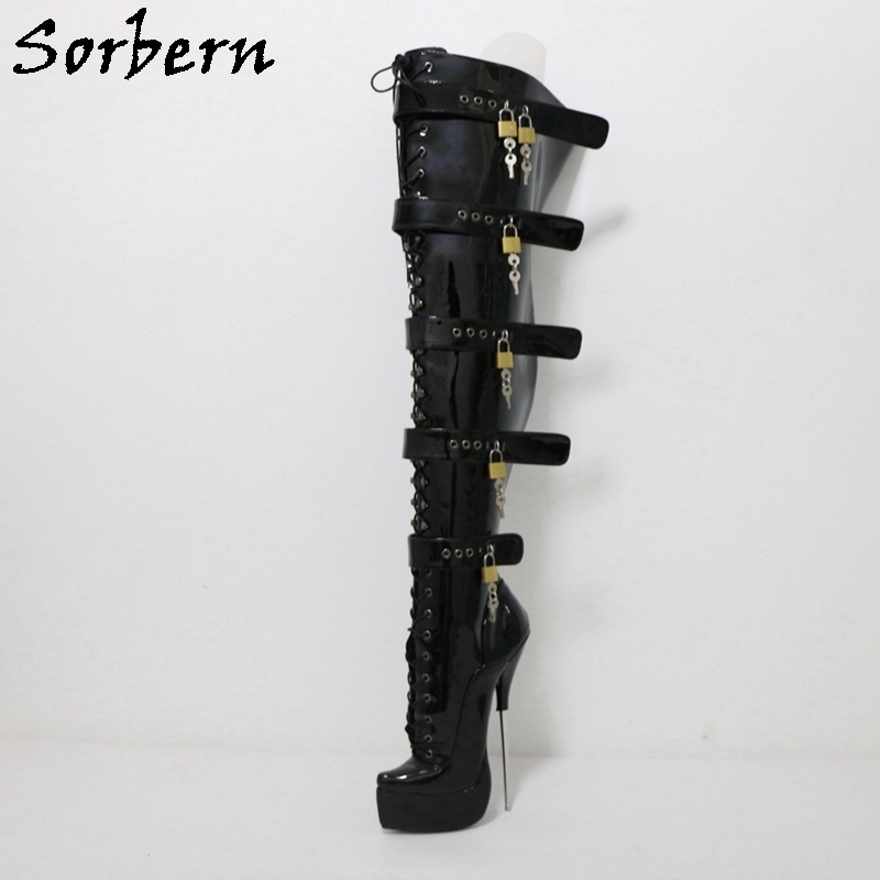 Sorbern Black Patent Crotch Thigh High 21Cm Ballet Boots Fetish Lockable Straps For Drag QueensSorbern 174 Official