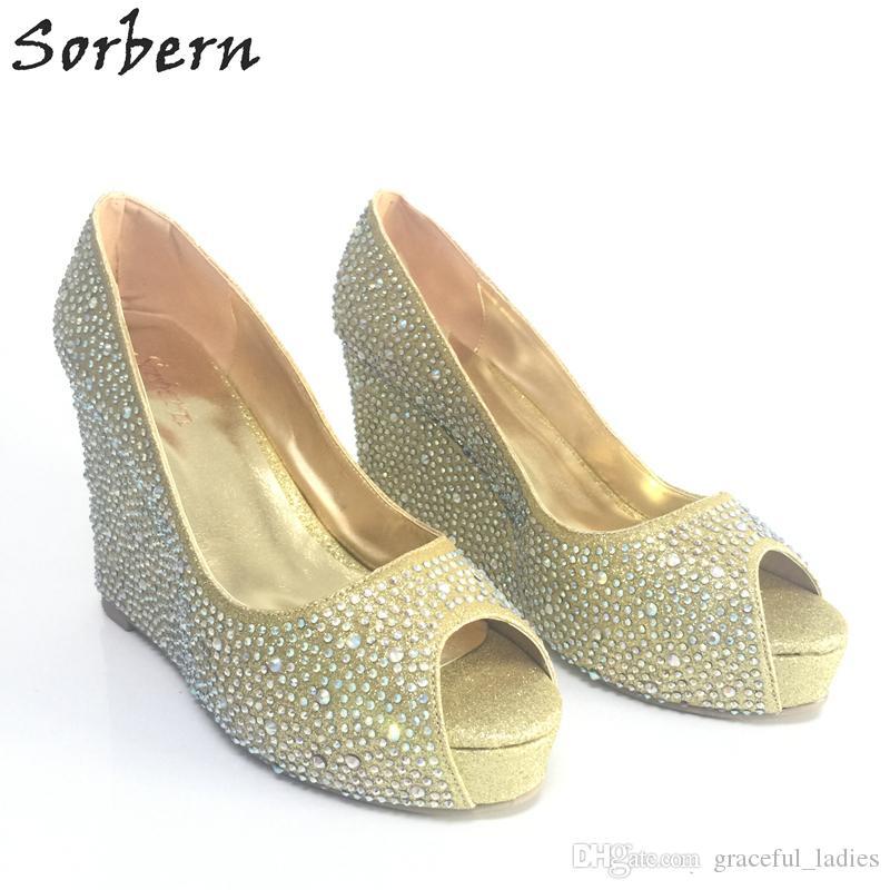 Silver Rhinestone Wedding Shoes Wedge Peep Toe 2015 Crystals Custom Made Women Pumps Platform Party High Heels Silver Gold Available