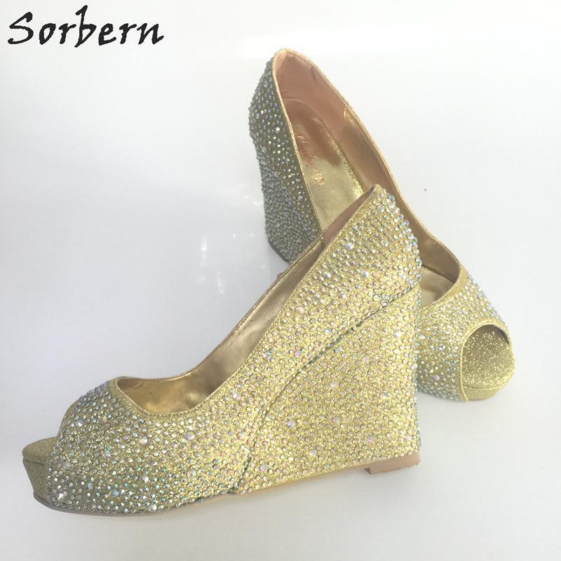 Silver Rhinestone Wedding Shoes Wedge Peep Toe 2015 Crystals Custom Made Women Pumps Platform Party High Heels Silver Gold Available