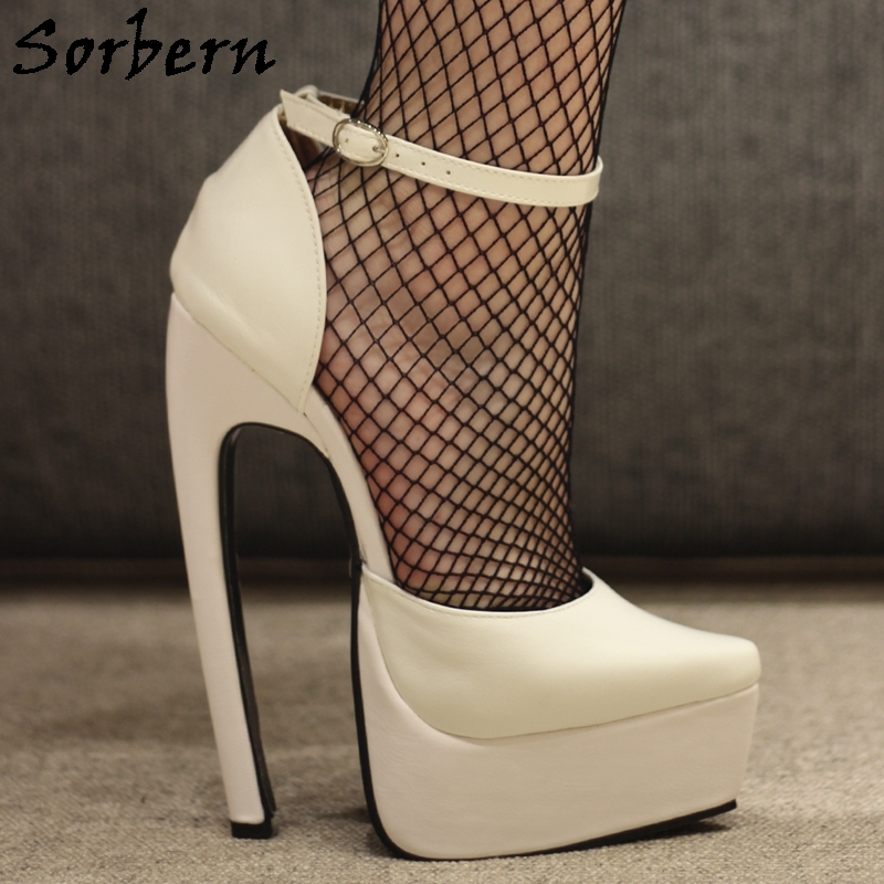 Sorbern Ivory Ankle Strap Pump Women Shoes Pointed Toe Visible Platform Shoes Curved Heeled 18Cm Play Fun Bed Footwear For Wife