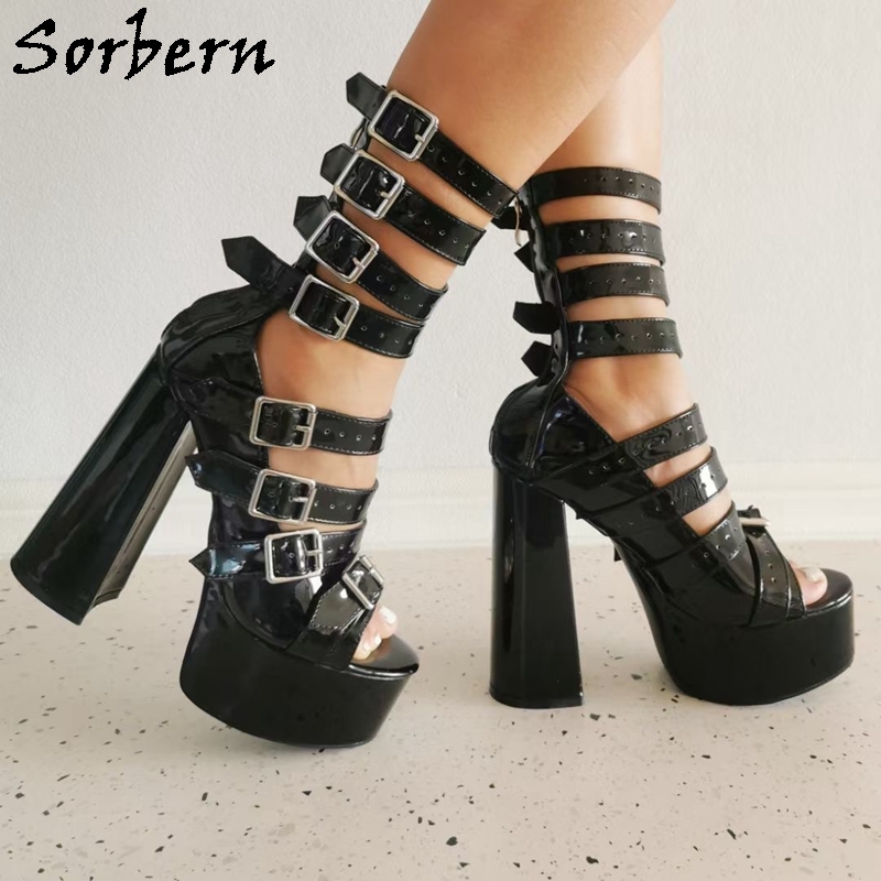 Black Thin Strappy Straps Gladiator Boots Stiletto High Heels Sandals Shoes