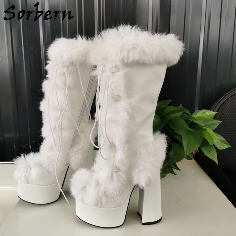Women Plush Faux Fur Ankle Boots Platform Zip Up Buckle Glitter Block Heel  Shoes | eBay
