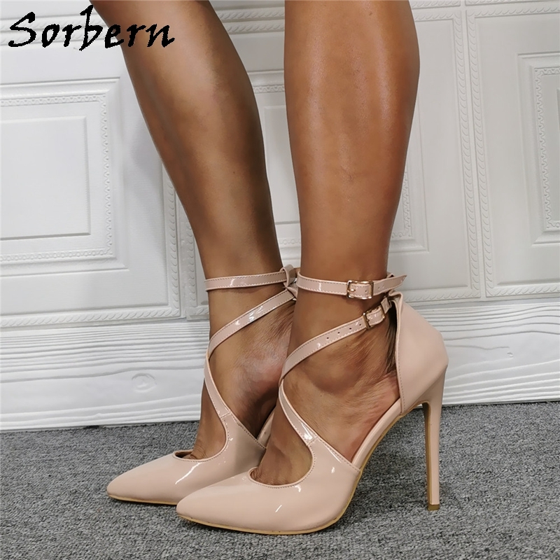 Sorbern Nude Patent Ladies Pump Shoe High Heel Cross Straps