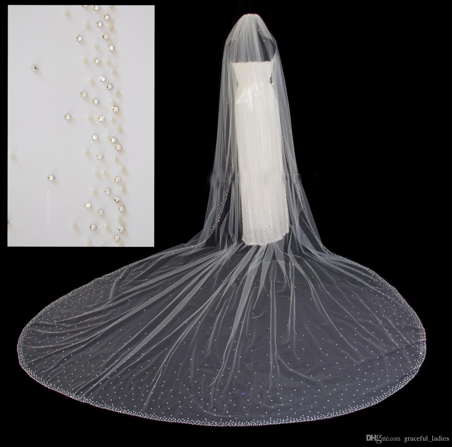 Ivory Wedding Veils With Crystal Cathedral Chapeau Mariage Voilettes Bridal Tulle Bling Wedding Veils Long Wedding Veils With Crystal