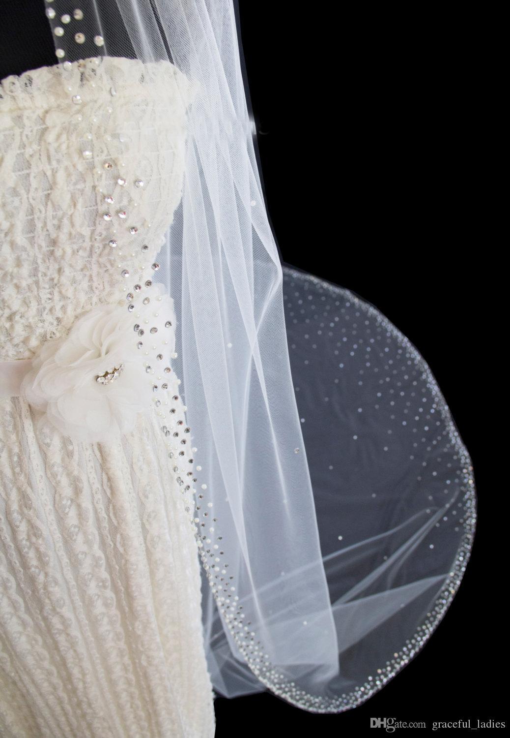 Ivory Wedding Veils With Crystal Cathedral Chapeau Mariage Voilettes Bridal Tulle Bling Wedding Veils Long Wedding Veils With Crystal