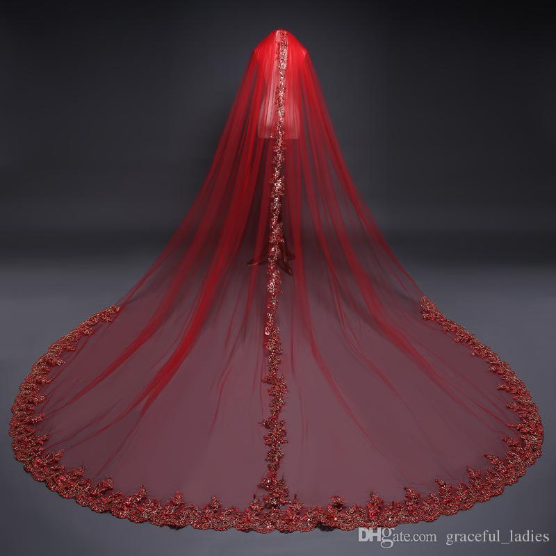 Red Soft Tulle Bridal Veils Lace Appliques Sequins One Layer Cathedral Wedding Veil With Combs Custom Length Veils For Brides