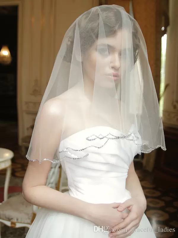 Rhinestone Wedding Veil with Blusher Drop Veils Old Hollywood Inspired Gorgeous Rhinestone Veil Audrey Hepburn Scallop Edge Bridal Veil