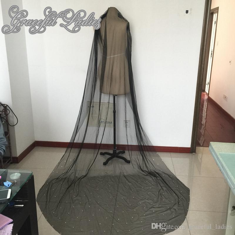 Black Bridal Veils High Quality 108 Inch Long Wedding Veils Online Soft Tulle Scartted Rhinestone Classic Cathedral Bridal Veils With Comb
