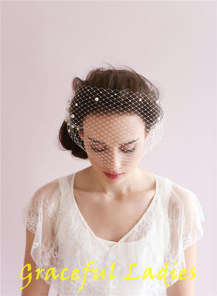 Sorbern  Pearl Adorned Bandeau Birdcage Veil With Comb Short Meshed Net Wedding Blusher Bandeau Veil Bridal Fascinator Veils Wedding Birdcage Veil