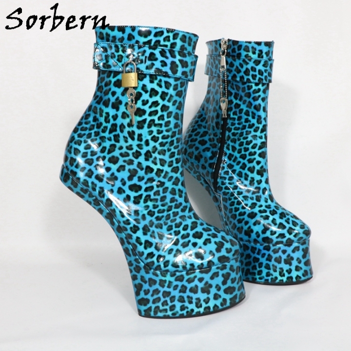 Sorbern Blue Leopard Holo Lockable Straps Exotic Horse Heel Boots