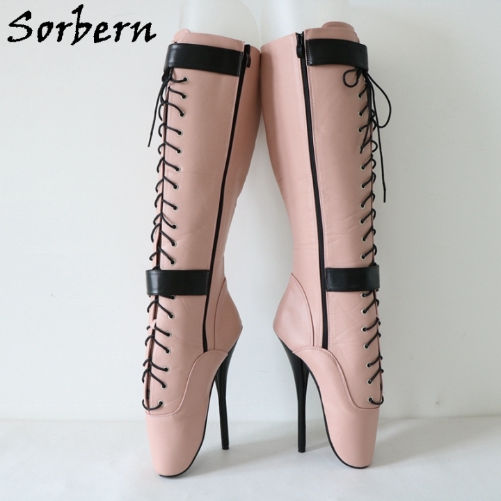 Sorbern Blush Pink Ballet Boots Knee High With Black Straps Zip Up
